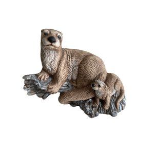 River Otter figurine large mom baby mother ceramic signed copyright wildlife nat